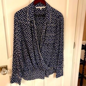 Veronica Beard long sleeved silk blouse navy and white, $50